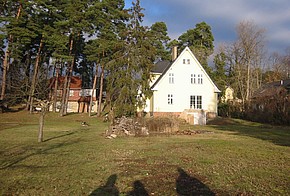 Einfamilienhaus vor der Sanierung: Wiese mit Nachbarhaus links, Haus rechts und Bäumen dazwischen und dahinter